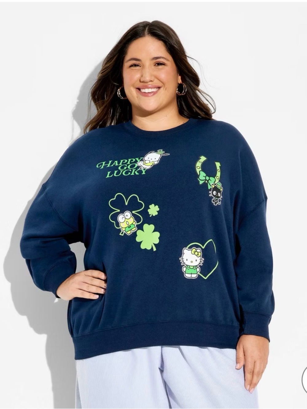 Sanrio Navy Sweatshirt with Neon Green Hello Kitty Graphics